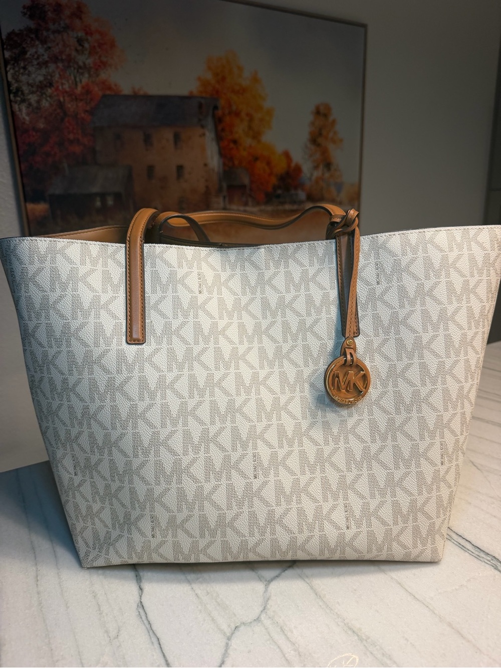 Michael Kors White Logo Tote with Tan Trim